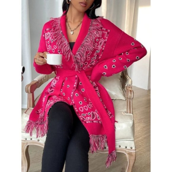 Fringe detailed Paisley belted Sweater Knit Cardigan Hot Pink - Picture 4 of 7